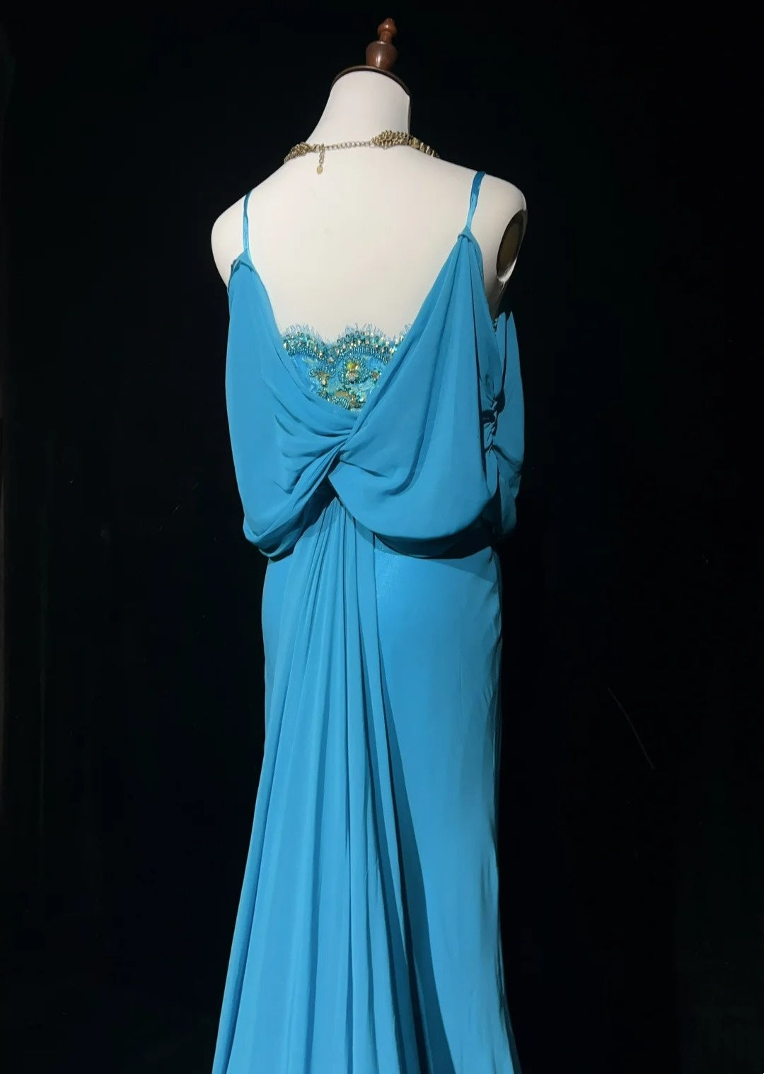 Gothic Glam Prom Dresses Mermaid Spaghetti Strap Blue Chiffon Sleeveless With Beaded Semi Formal Evening Dress N3819