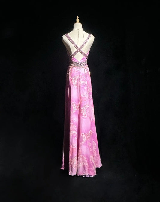 Vintage Prom Dresses Inspo A line High Low Pink Chiffon With Beads 80s Long Formal Gown N2734