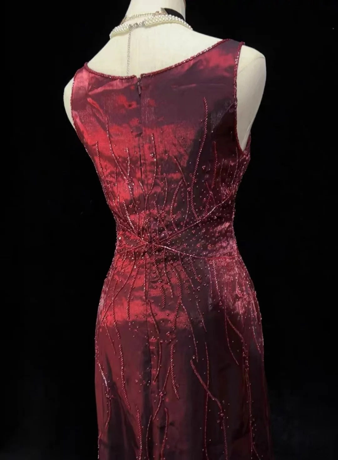 Vintage Prom Dresses A line Square Burgundy With Sparkles Beaded 80s Evening Formal Dress RB3278
