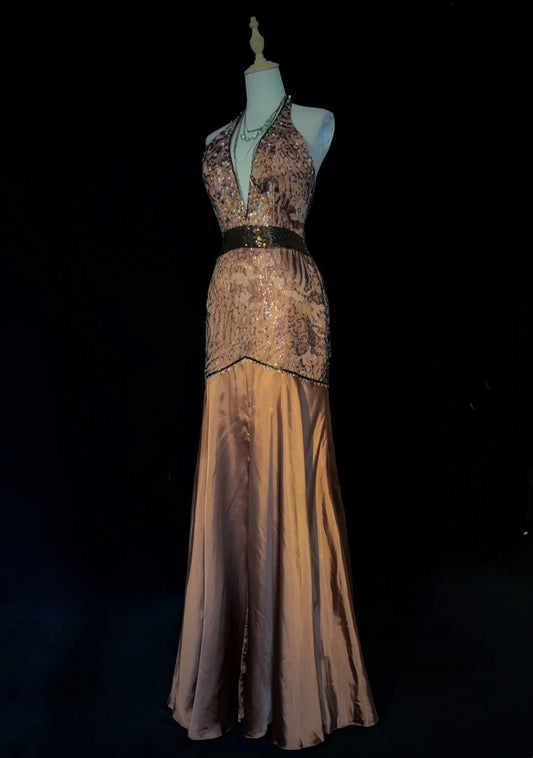 Princess Prom Dresses Mermaid V Neck Brown With Lace Beading Evening Long Dress N3293