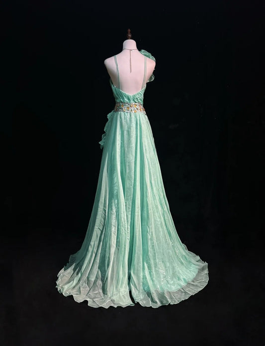 Vintage Prom Dresses A Line One Shoulder Mint Green 70s With Ruffles Chiffon Long Formal Party Dress N2525