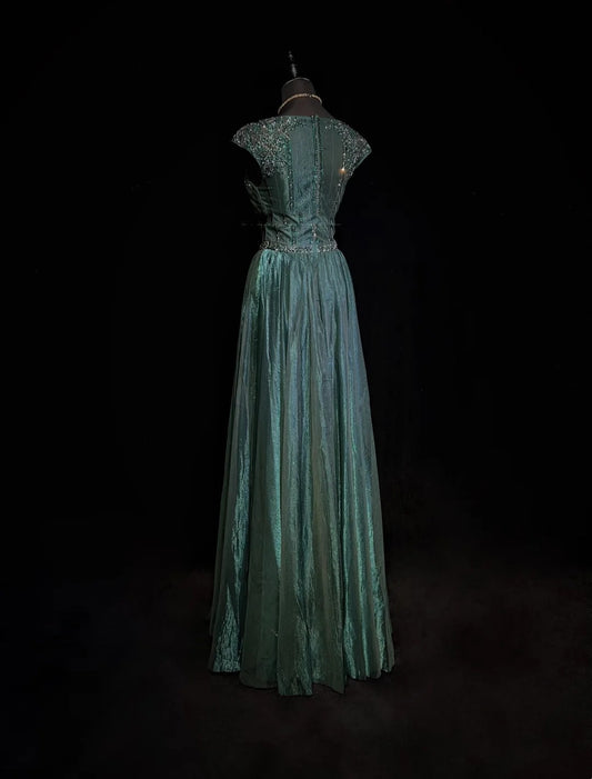 Vintage Prom Dresses A line Scoop Dark Green Tulle With Beading 90s Formal Gown N2590