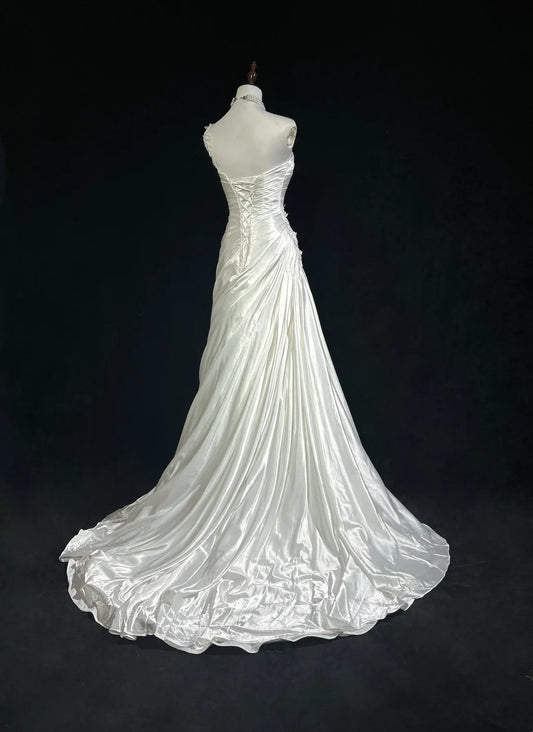 Vintage Prom Dresses Mermaid One Shoulder White With Ruffle Appliques Satin 90s Formal Gown N2589