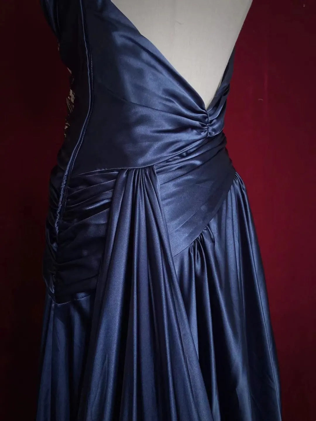 Vintage Prom Dresses A line Spaghetti Strap Navy Blue Satin 1990s Formal Evening Gown N2661
