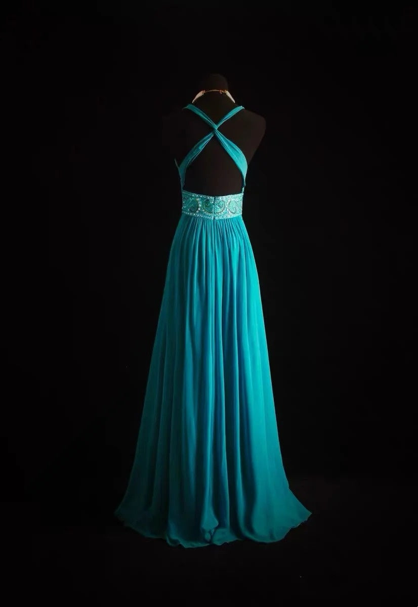 Vintage A line Halter Blue Chiffon Sleeveless Summer Formal For Women Girls Teens Prom Dresses N2245