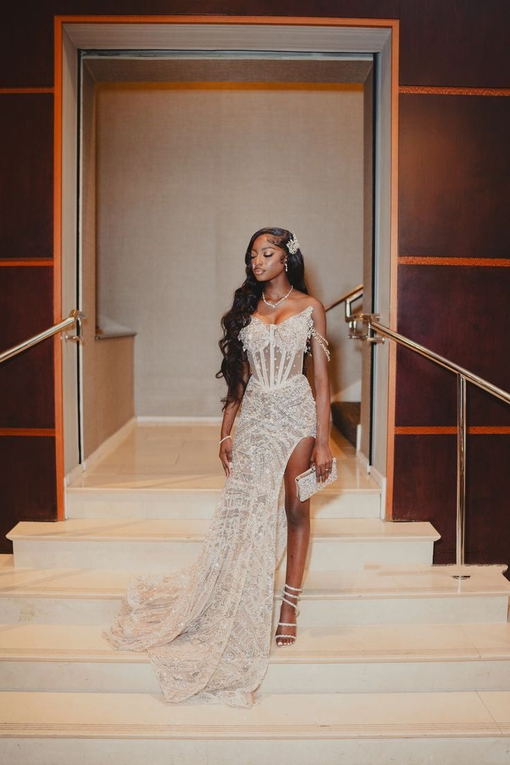 Glitter Bodycon Champagne Strapless Slit Long Prom Dresses Mermaid Bodycon For Women N4111