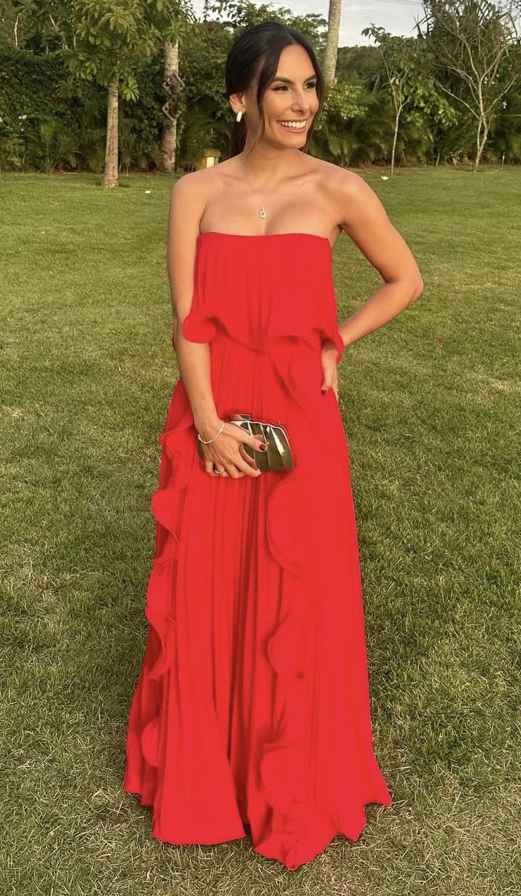 Simple A Line Strapless Red Sleeveless Chiffon Long Prom Dresses Wedding Guest Dress Classy Prom Gowns AB230