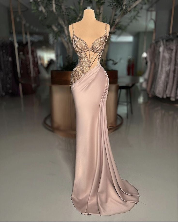 Sparkly Mermaid Spaghetti Strap Dusty Pink With Beading Evening Dresses Night Date Prom Dress Party Outfits AB2542