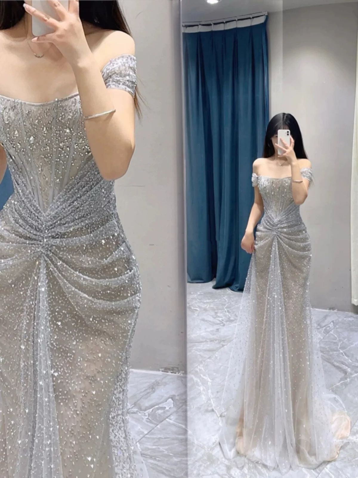 Sparkly Mermaid Off The Shoulder Silver Sequin With Ruffled Evening Dresses Night Date Prom Dress For Black Women AB2545