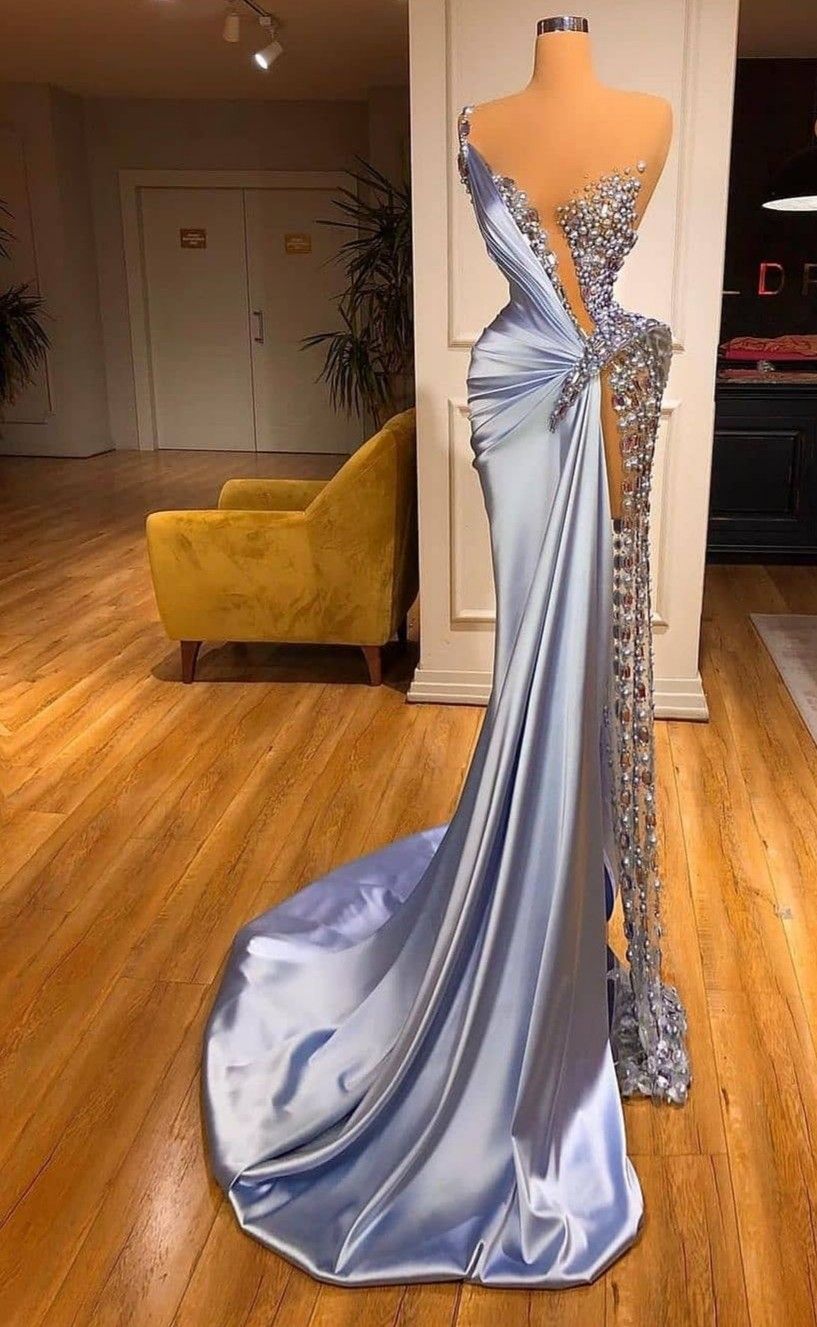 Modest Mermaid One Shoulder Blue Slit Beaded Long Prom Dresses Inspiration Evening Gowns For Women Formal Party Dress AB1231