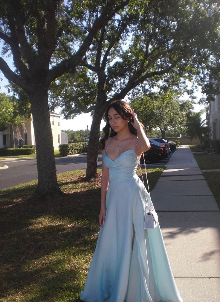 Simple A line Spaghetti Straps Light Sky Blue Slit Party Dresses Prom Dresses Impress Wedding Guest Dress N892
