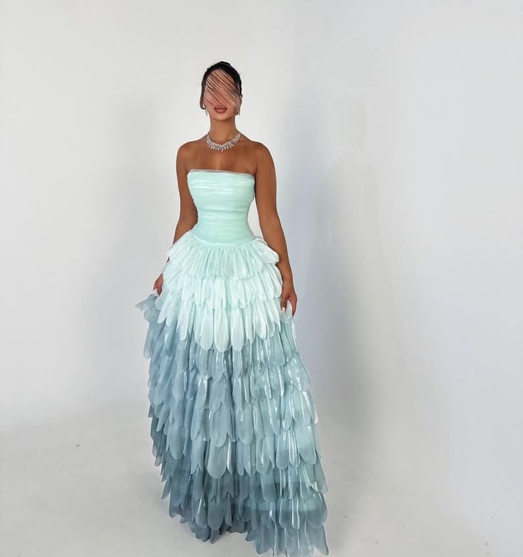Sexy Ball Gown Strapless Blue Multi Layers Long Prom Dress Formal Party Prom Dresses AB410