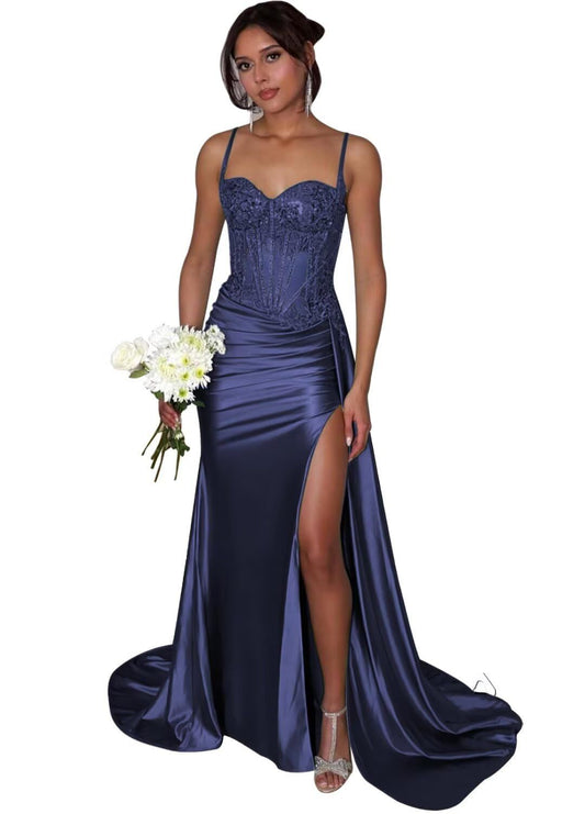 Mermaid Spaghetti Straps Formal Evening Party Gown with Slit for Women AB1621