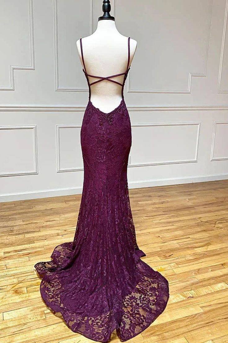 Mermaid Grape Lace Spaghetti Straps Backless Open Backs Long Prom Dress Inspiration Prom Dresses AB128