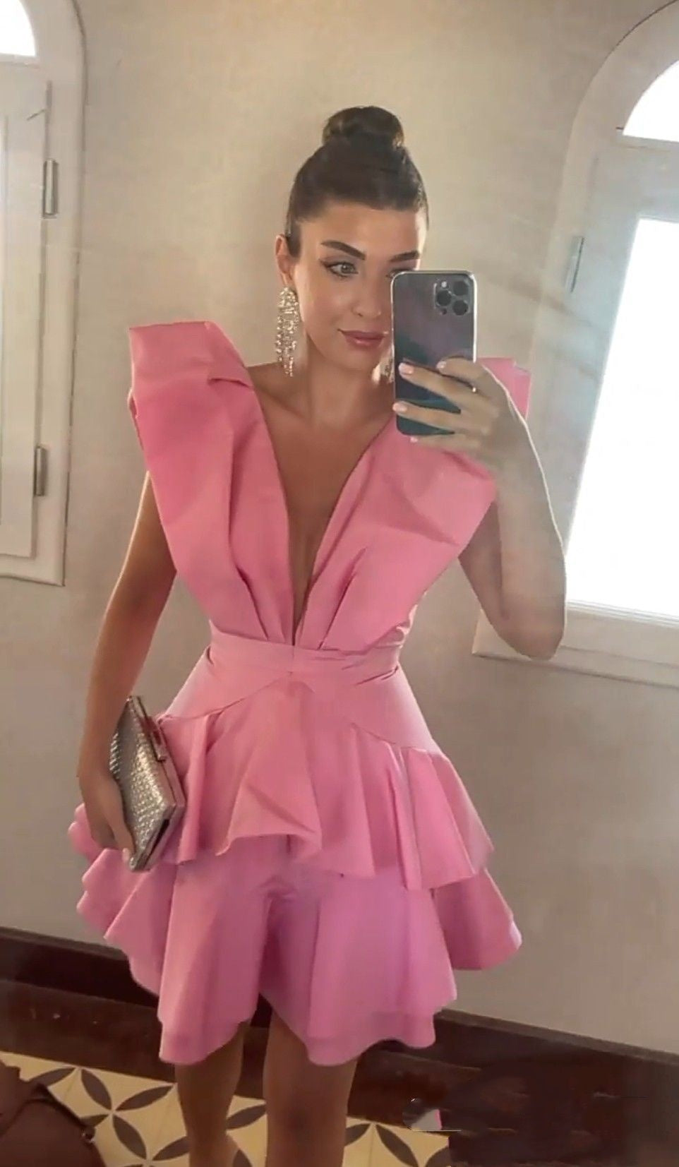 Classy A line V Neck Pink Satin Freshman High Shool Grad Short Mini Hoco Outfits Homecoming Dresses RB4402