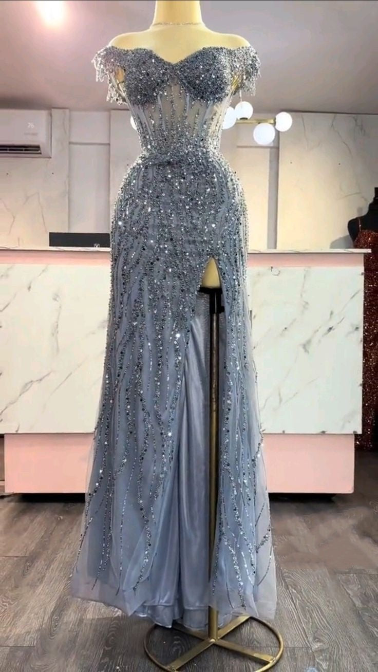 Elegant Formal Prom Dress Floor Length Off Shoulder Gray Sequined Mermaid Evening Gown for Special Occasions RC0164