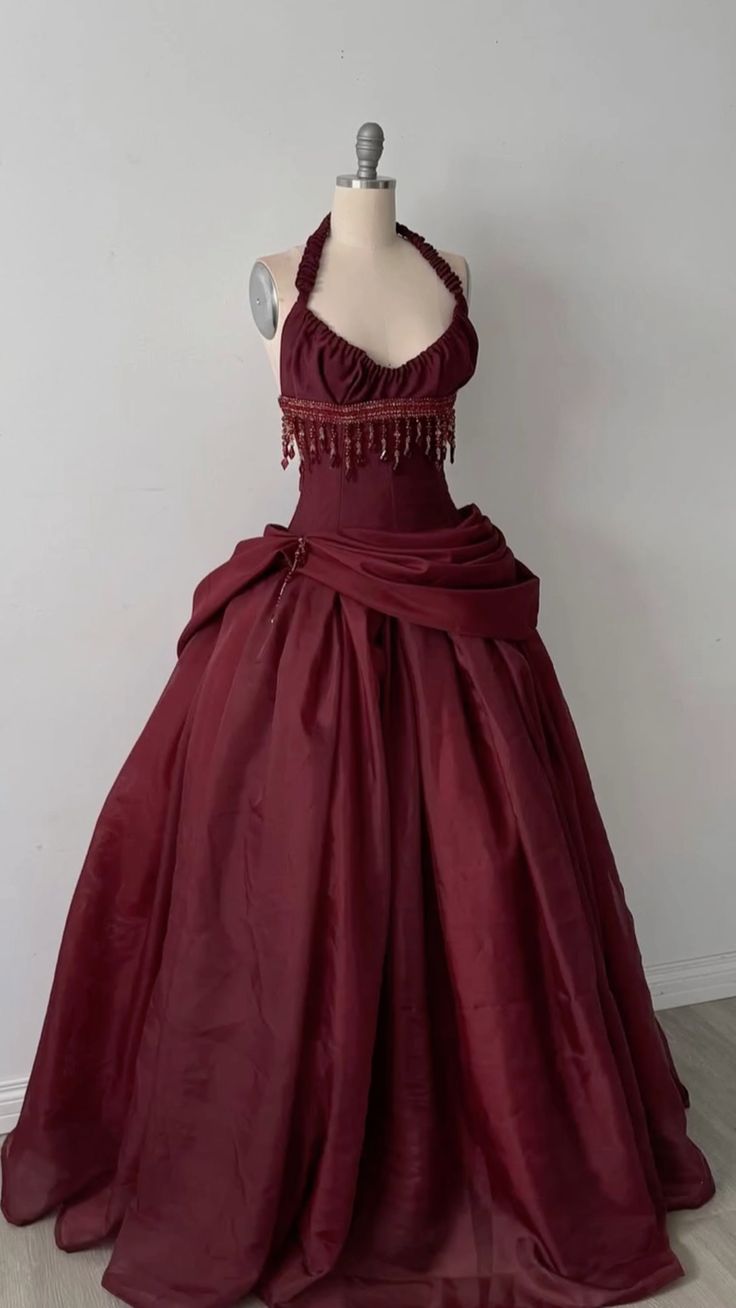 Dreamy Ball Gown Halter Sleeveless Sweep Train Taffeta Burgundy Long Prom Dress Evening Party Formal Outfits RB6690