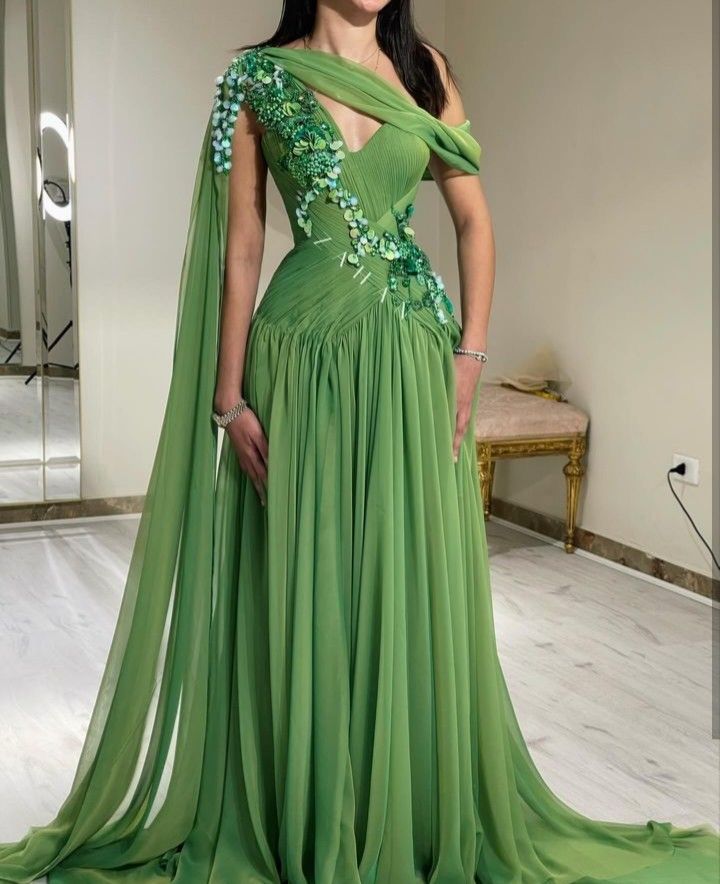 New Women’s Long Prom Dress Mermaid Off Shoulder Green Chiffon Elegant Formal Graduation Party Gown RC0166