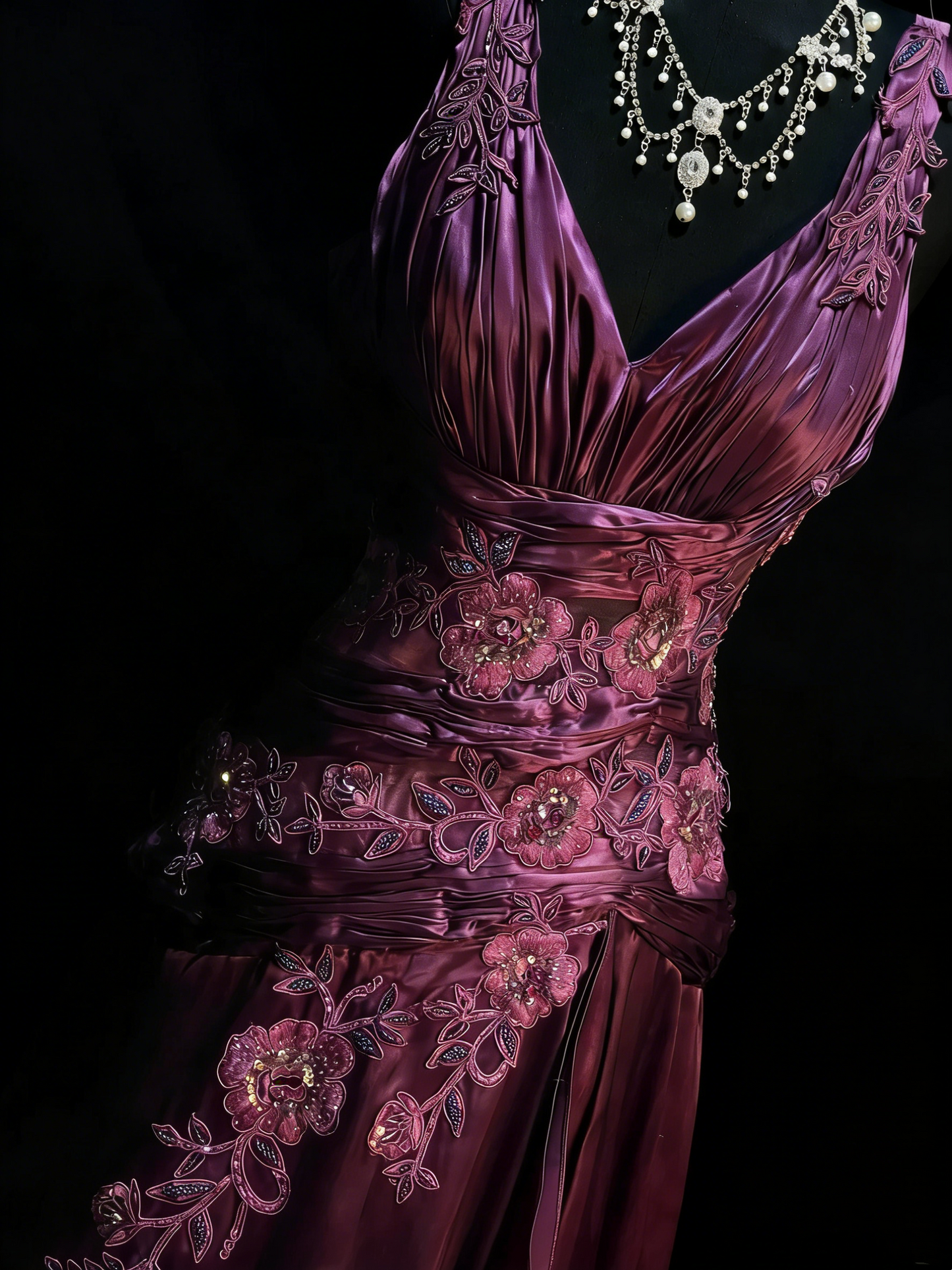 Vintage A Line V Neck Grape Satin With Beadings Lace Floor Length Inspiration Long Prom Dresses N1202