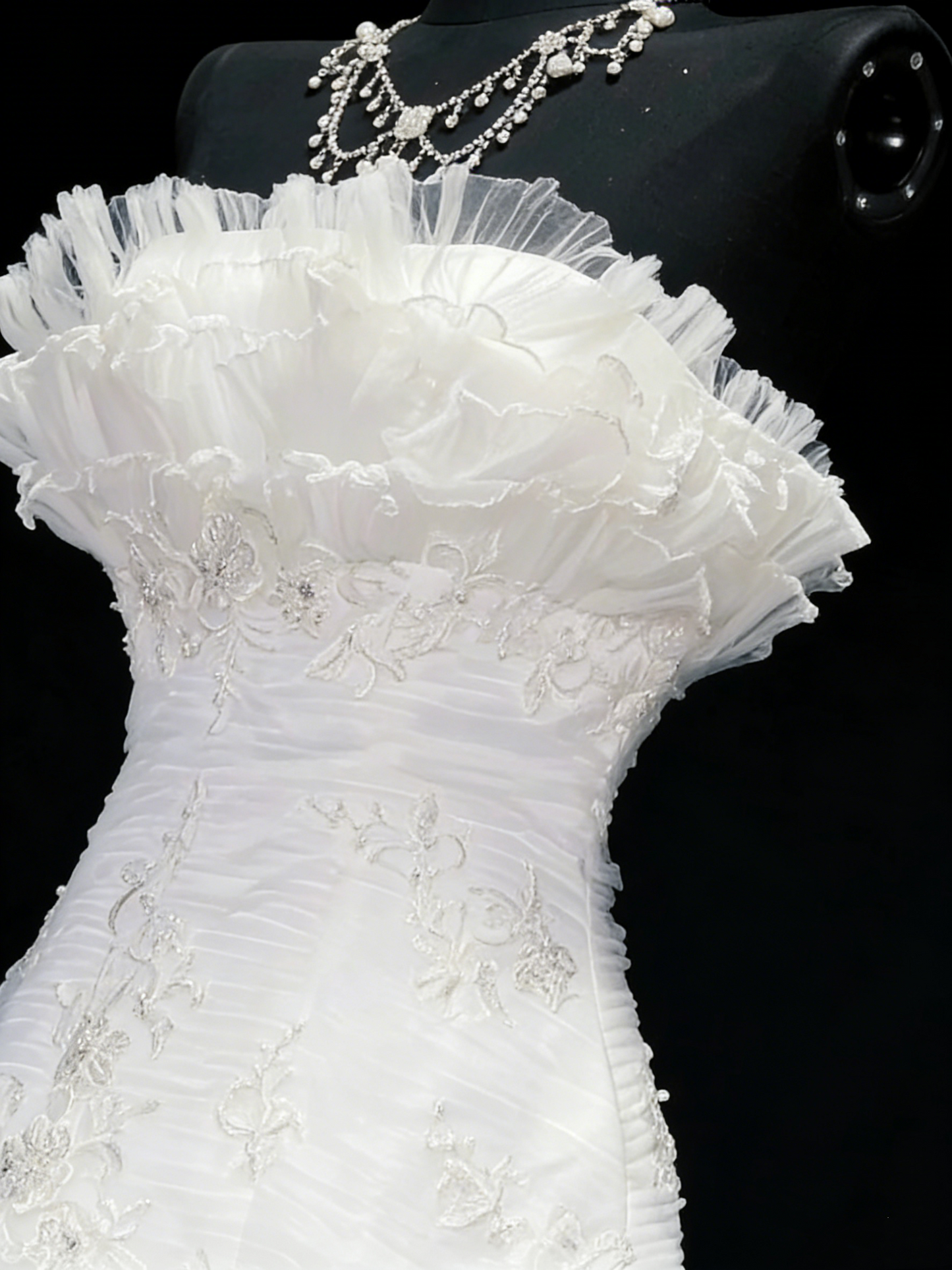 Vintage 80s Wedding Dresses Mermaid Strapless Tulle White Ruched Layers Long Brides Dress Fitted Bridal Gown N1208
