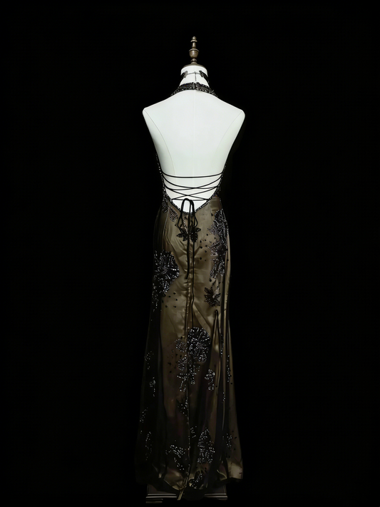 Vintage Mermaid Halter Backless Satin Sleeveless 80s Prom Dresses Long Formal Party Gown N1452
