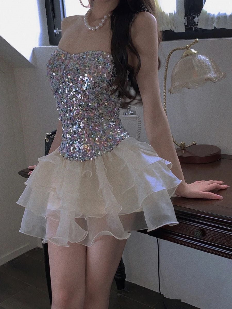 Sparkling Ball Gown Strapless Silver Sequin Mini Homecoming Dresses Freshman High Shool Grad Hoco Outfits RB4561