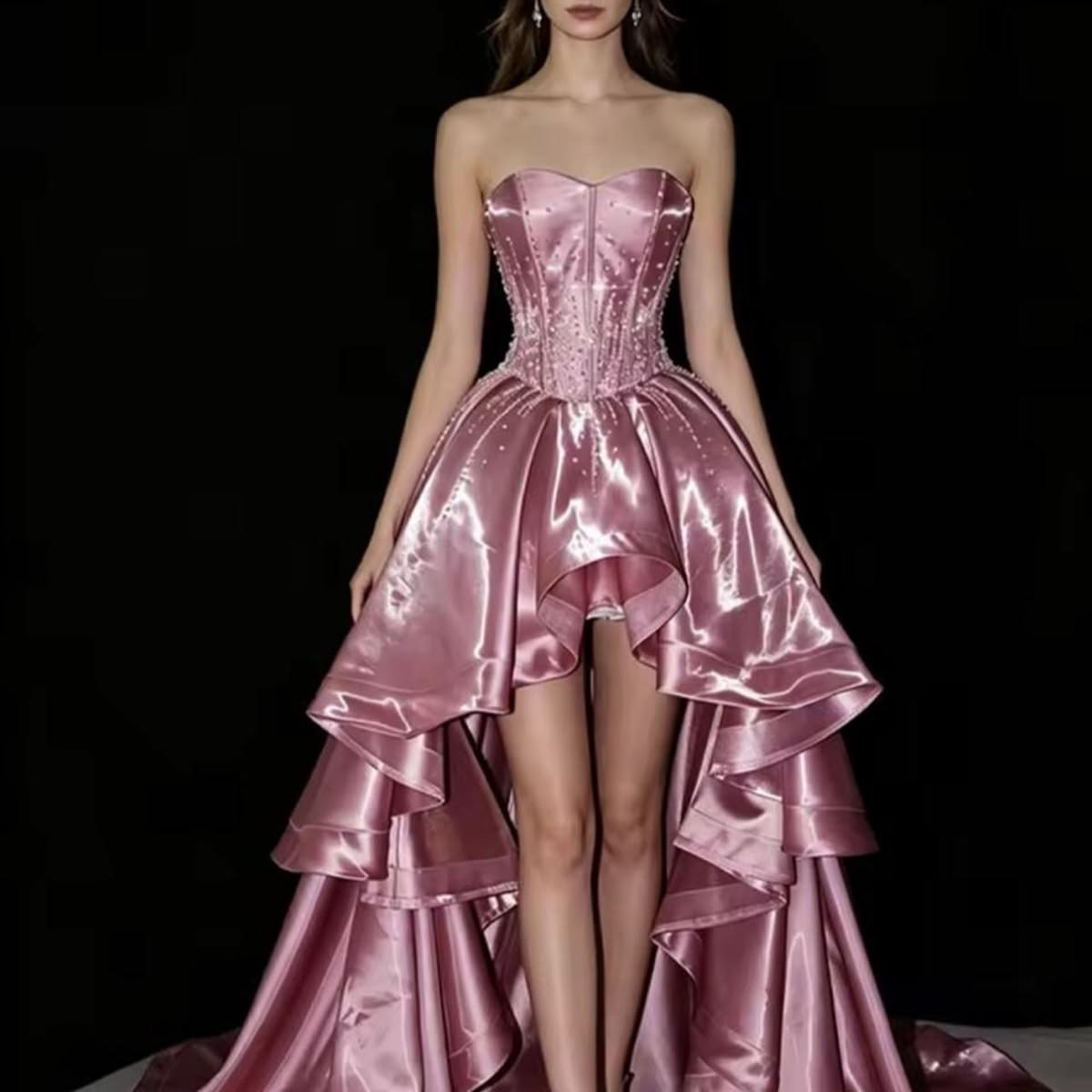 Elegant High Low Sweetheart Pink Satin With Tiered Beading Prom Dresses Formal Outfit Evening Night Dress RB8240