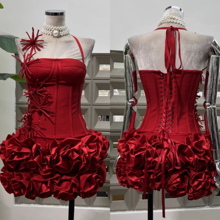 Sexy Sheath Halter Red With Flowers For Black Girls Mini Homecoming Dresses Short 17th Birthday Outfits RB4235