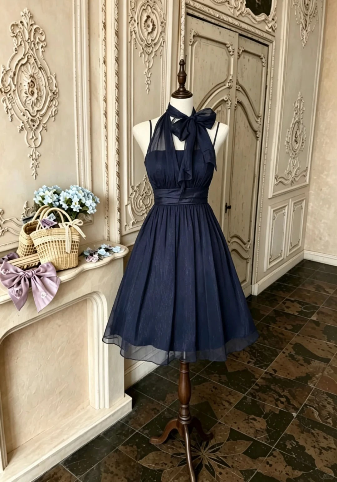 classy navy blue cocktail dresses A Line Halter Tulle Night Knee Length Graduation Dres – RubyFashionDress Invisible Zipper at the Navy Blue Ladies Suit variant_red Color:Baltic Teal