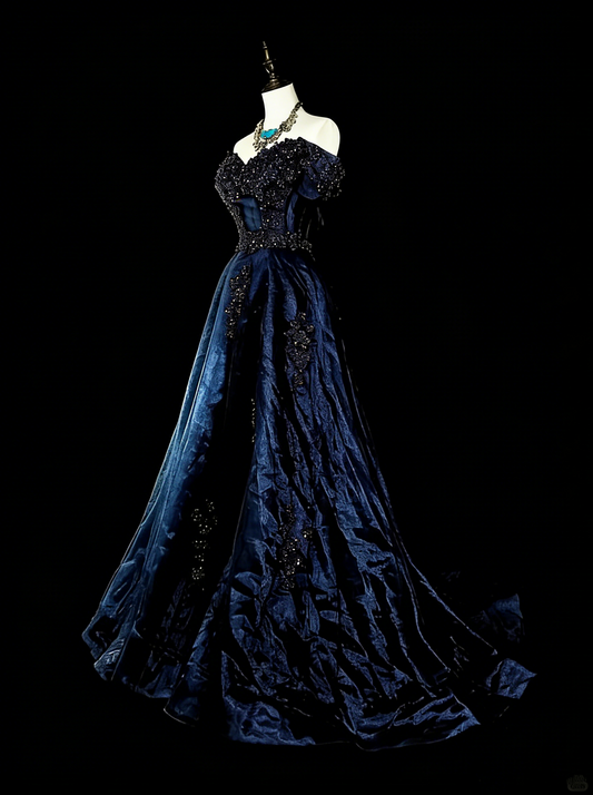 Vintage Prom Dresses Ball Gown Off The Shoulder Navy Blue Tulle With Appliques 80s Long Formal Gown N2720