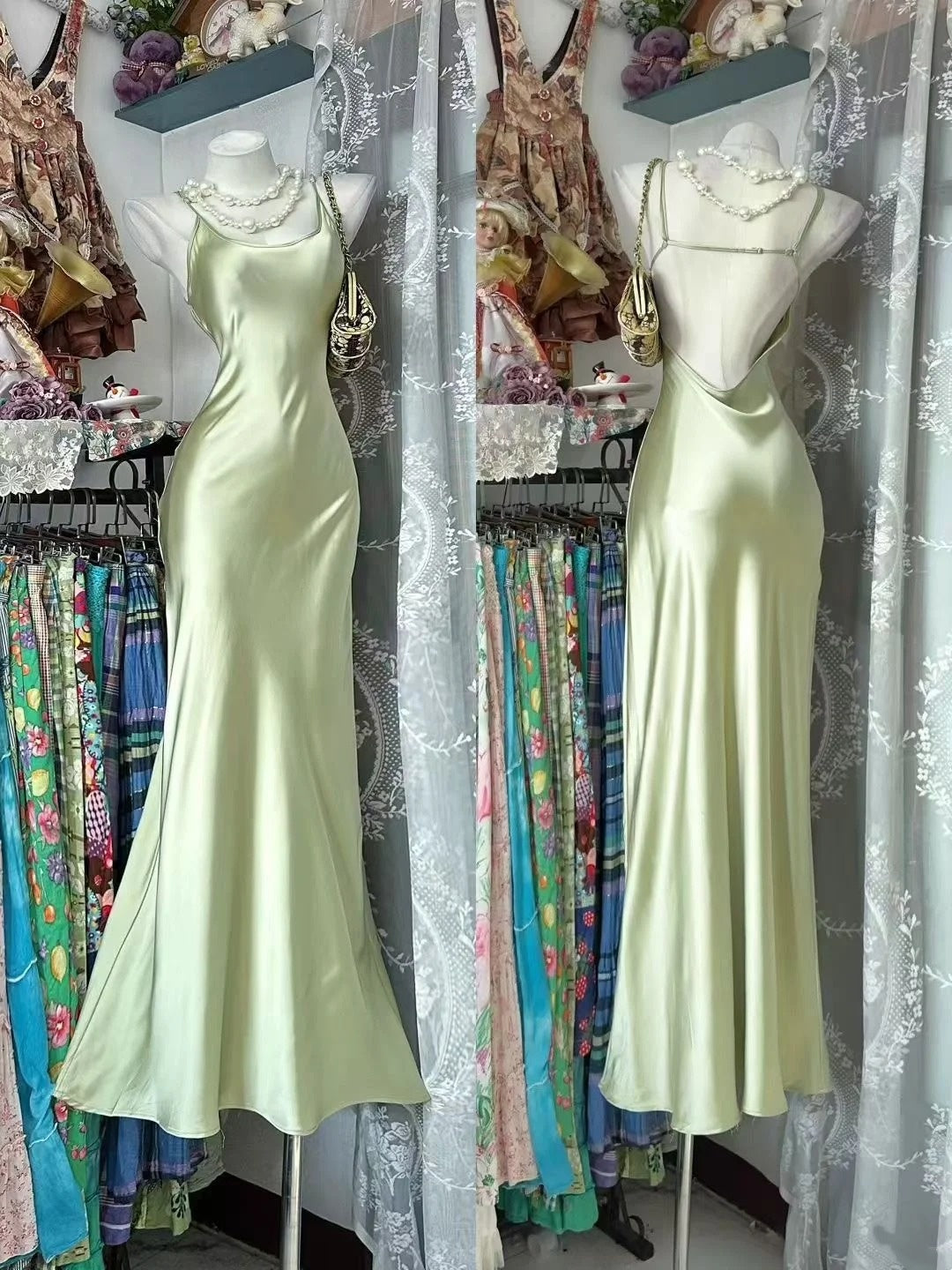 Simple Mermaid Spaghetti Straps Sage Green Satin Long Party Dresses Prom Dresses Impress Wedding Guest Dress N905