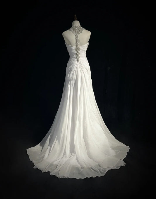 Timeless Wedding Dresses Mermaid Halter Chiffon White Satin With Beaded Long Brides Gown N3474