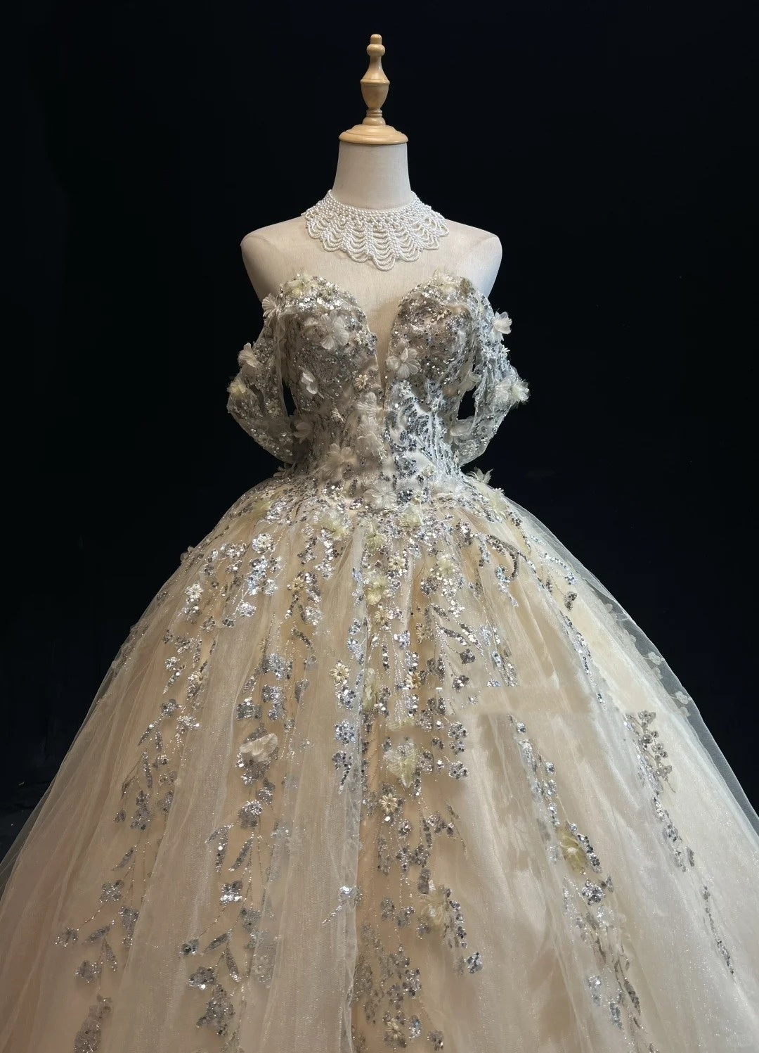 Glamour Prom Dresses Ball Gown Off The Shoulder Champagne With Flowers Formal Evening Outfits N3799
