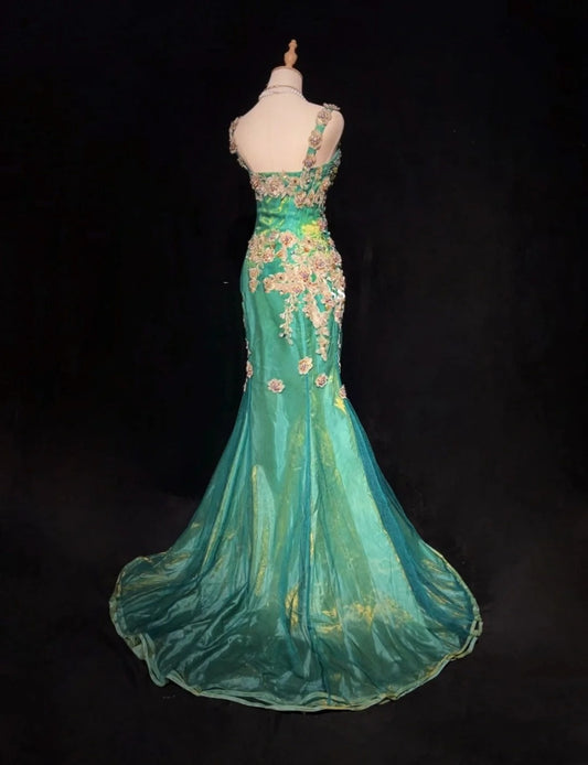 Vintage Prom Dresses Mermaid Sweetheart Green Tulle 70s With Beads Appliqued Formal Gown N2533