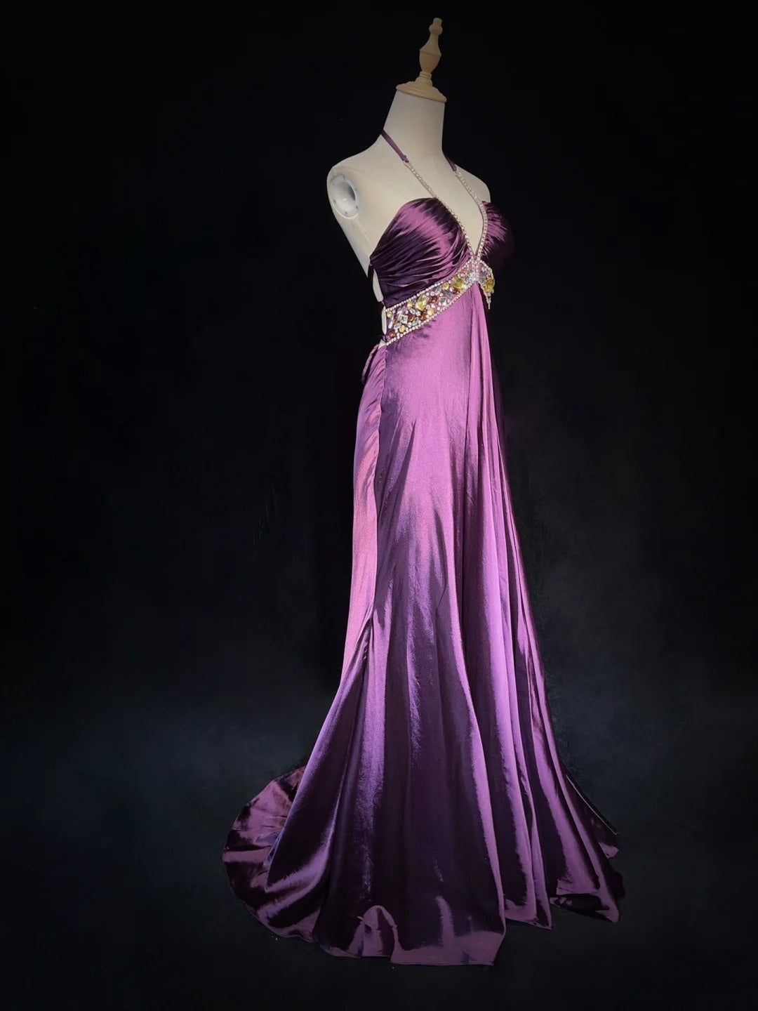 Vintage Prom Dresses 90s Mermaid Halter Grape Backless With Beading Long Semi Formal Evening Dress N3667