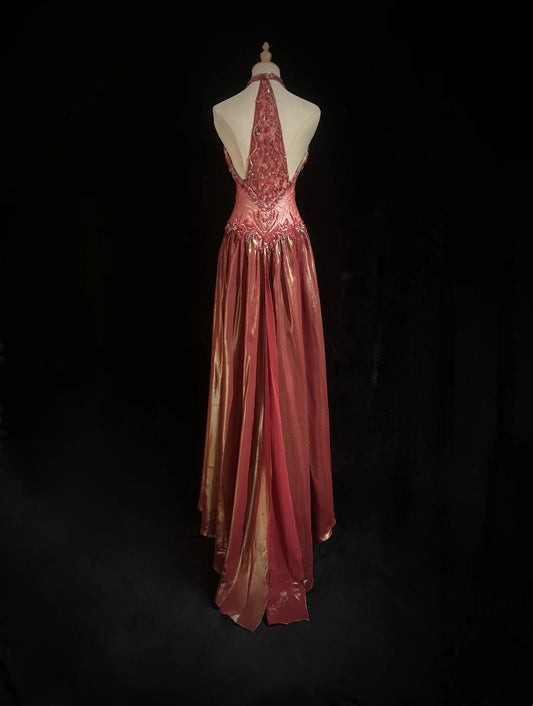 Vintage Prom Dresses A line Halter Coral Sleeveless 70s With Beading Long Formal Gown N2523