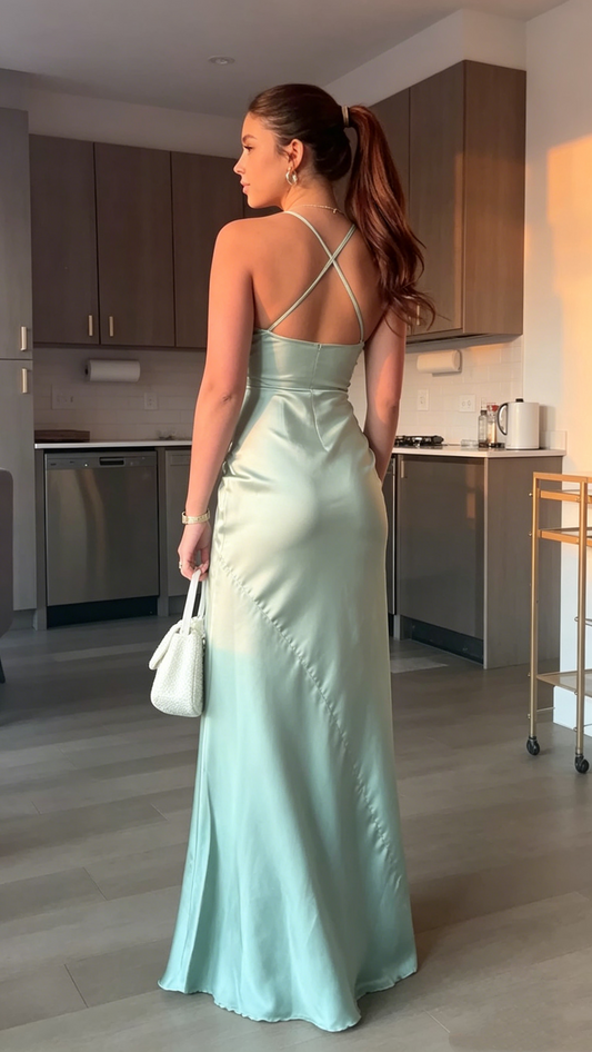 Charming Mermaid Halter Satin Mint Green Summer Spring Inspiration Long Wedding Guest Dress Birthday Outfits N1567