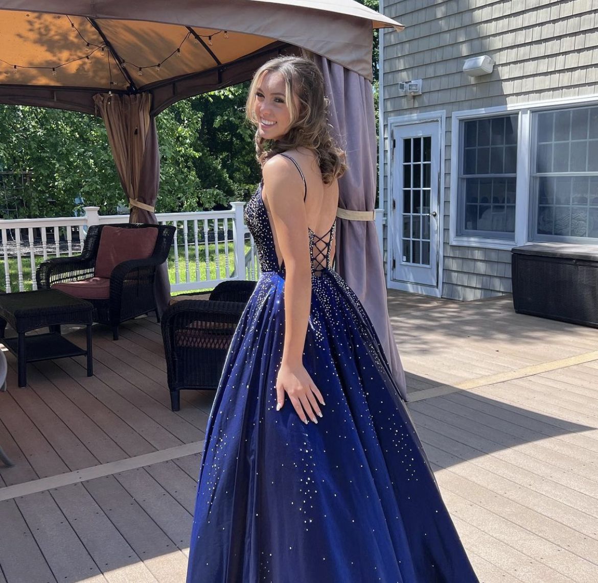 A Line Spaghetti Straps Navy Blue Satin With Beadings Backless Party Long Prom Dresses AB1610