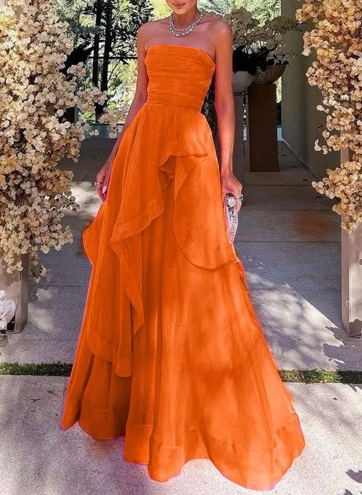 Evening Dresses Elegant Strapless Sleeveless Tiered Ruffle A-Line Floor-Length Tulle Evening Dresses AB1000