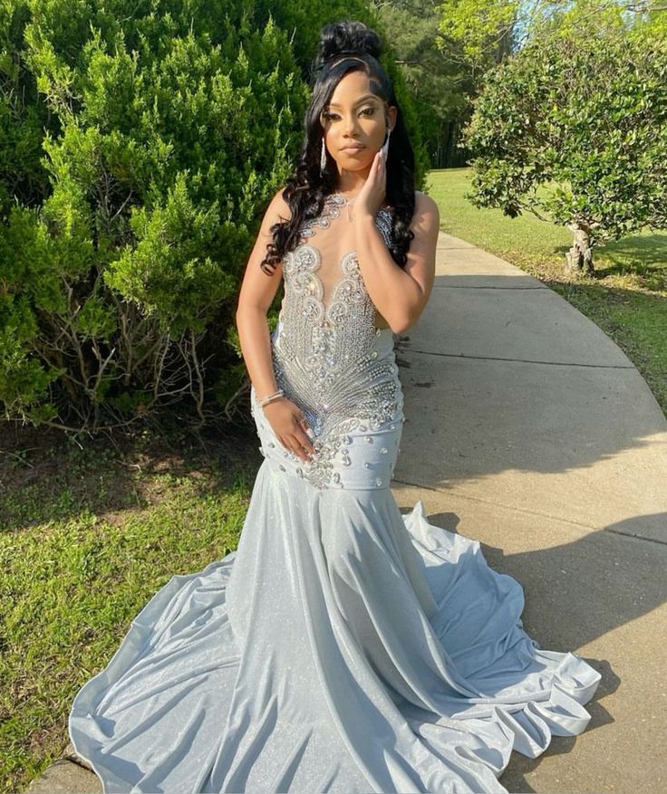 Glamorous Mermaid Scoop Neck Light Sky Blue Beads Sequins Long Pleated Prom Dress For Teens AB1631