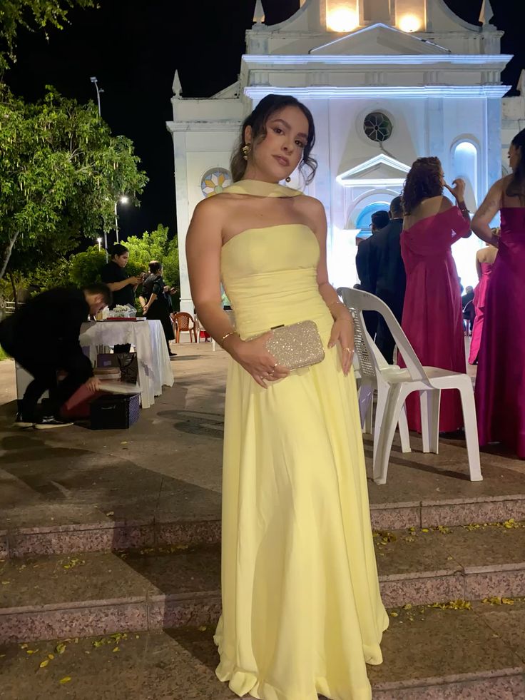 Simple A Line Strapless Yellow Chiffon With Scarf Long Prom Dresses Impress Wedding Guest Dress Party Gown N283