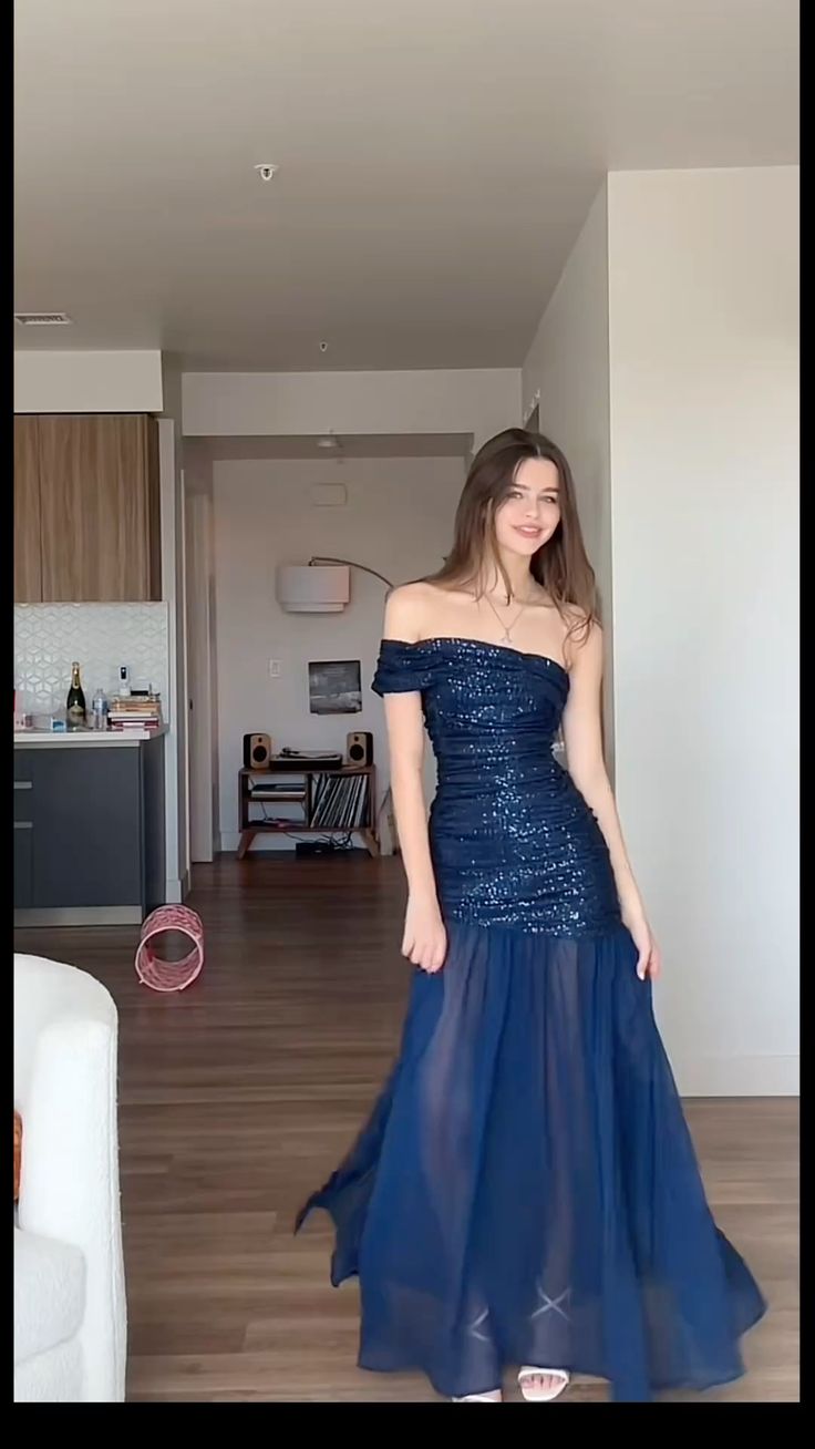 Elegant Mermaid One Shoulder Sleeveless Navy Blue With Cap Sleeves Long Sequins Prom Dresses Vestidos De Dia AB561