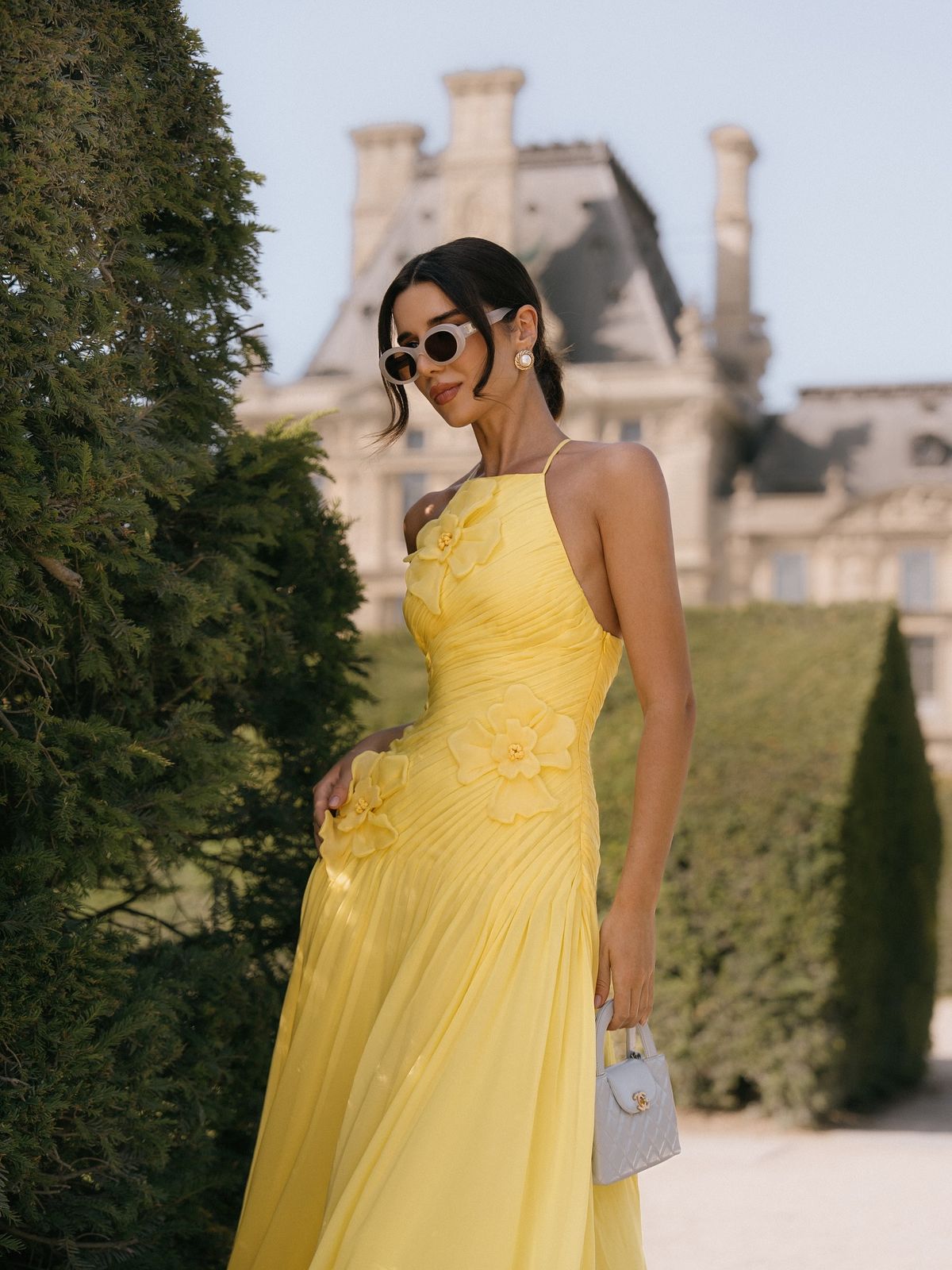 Modest A line Butter yellow floral prom dress sleeveless chiffon prom gowns AB196