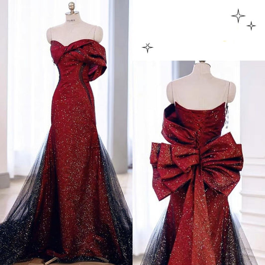 Sexy Special Occasion Dress Mermaid Sweetheart Red Black Tulle Prom Dresses With Pleated Party Dress Long Evening Dresses AB2105