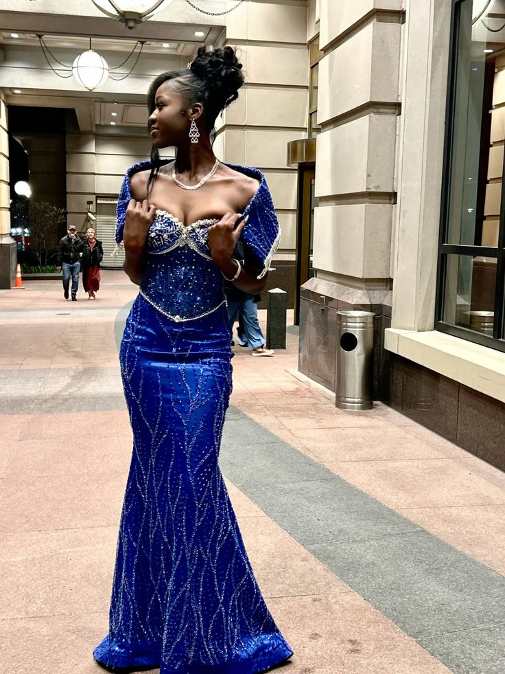 Royal Blue Prom Dress Long Floor Length Mermaid Sweetheart Formal Evening Gown With Cape For Black Women RC0203