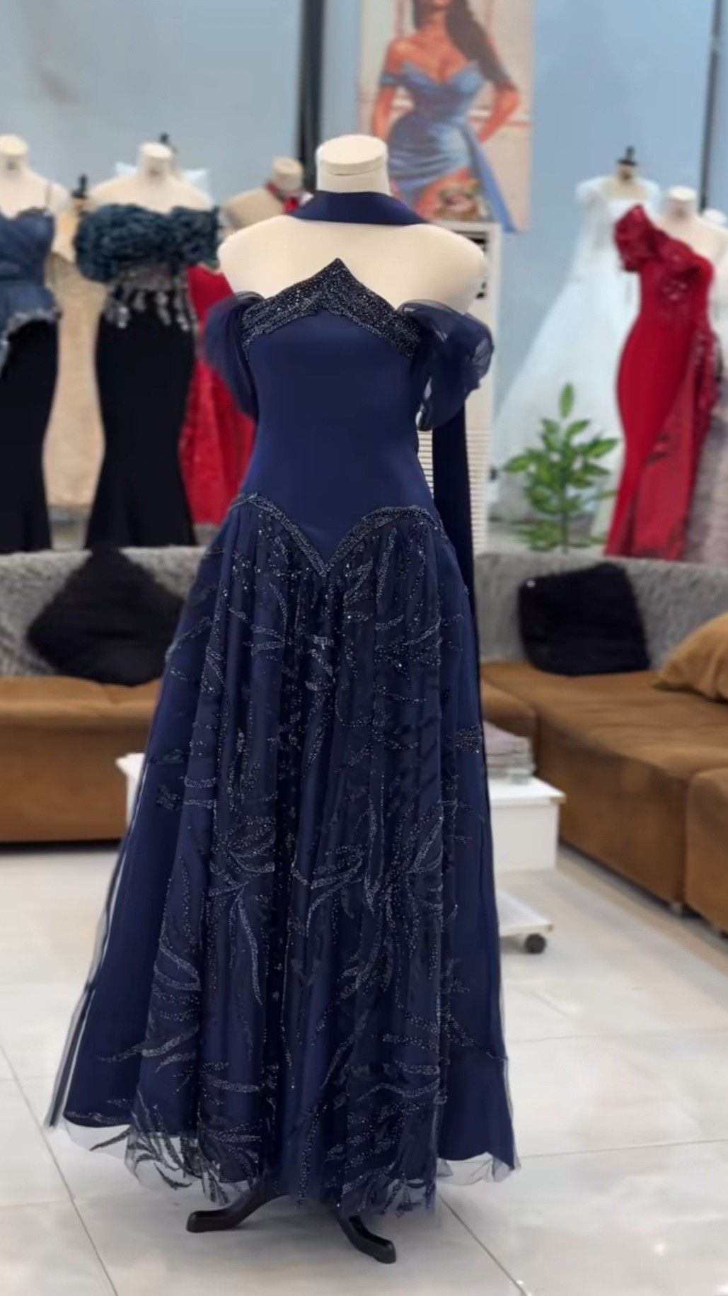 Navy Blue Prom Dress Long Floor Length A Line Strapless With Scarf Formal Evening Gown For Black Women RC0205