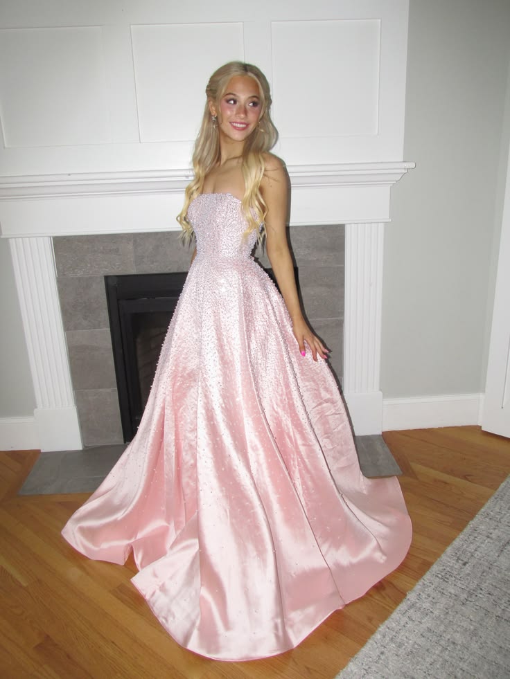 Elegant Satin Ball Gown Strapless Prom Dress Pink Floor Length Evening Party Gown RB9497