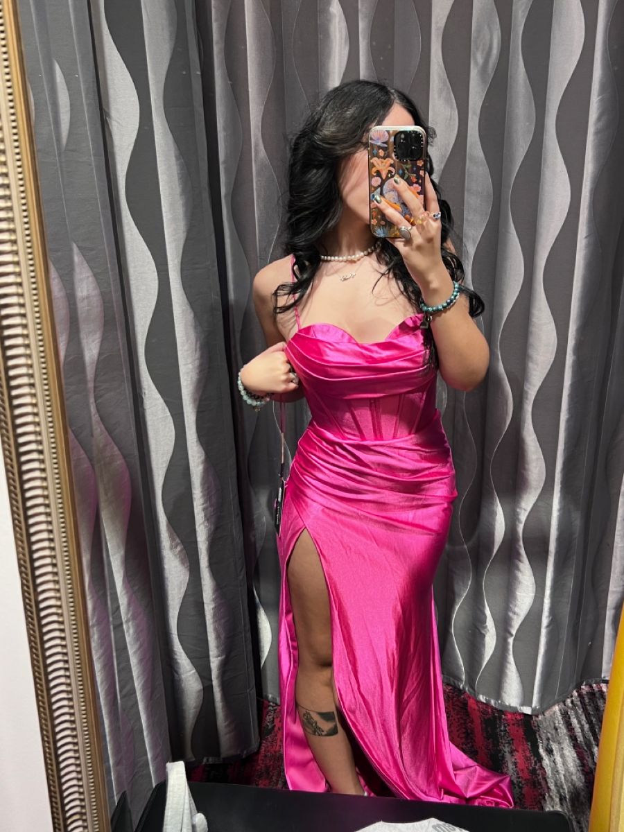 Modest Mermaid Prom Dresses for Women Spaghetti Straps Evening Party Gown Hot Pink Satin With Leg Slit Formal Gown 18th Birthday Gowns AB777