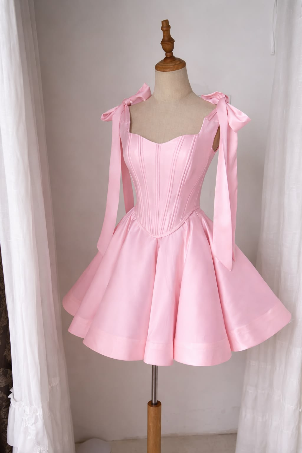 Cute Ball Gown Spaghetti Strap Pink With Bow-knot Short Mini Party Outfits Homecoming Dresses RB4239