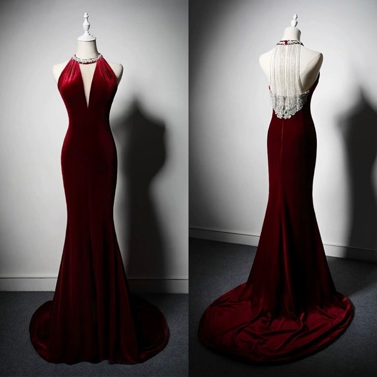 Modest Mermaid Scoop Velvet Burgundy With Tassel Long Tight Formal Gown Prom Dresses Evening Gowns AB773